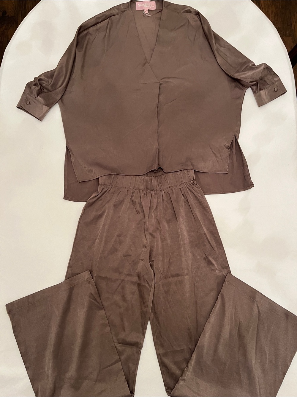 Sincerely Jules Brown Silky Wide-Leg Pants & V-Neck Top Set